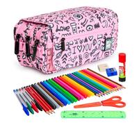 ColePack Design - Lote de Estuche Portatodo Triple con 3 Cremalleras y Material Escolar de Primeras Marcas Incluido (ILoveYou)