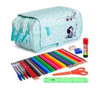 ColePack Design - Lote de Estuche Portatodo Triple con 3 Cremalleras y Material Escolar de Primeras Marcas Incluido (MF Kiss)