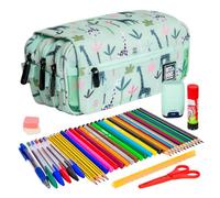 ColePack Design - Lote de Estuche Portatodo Triple con 3 Cremalleras y Material Escolar de Primeras Marcas Incluido (Jungle)