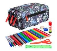 ColePack Design - Lote de Estuche Portatodo Triple con 3 Cremalleras y Material Escolar de Primeras Marcas Incluido (Match)