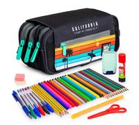ColePack Design - Lote de Estuche Portatodo Triple con 3 Cremalleras y Material Escolar de Primeras Marcas Incluido (California)