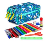 ColePack Design - Lote de Estuche Portatodo Triple con 3 Cremalleras y Material Escolar de Primeras Marcas Incluido (Blue Garden)