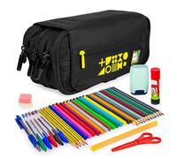 ColePack Diseño - Lote de Estuche Portatodo Triple con 3 Cremalleras y Material Escolar de Primeras Marcas Incluido (Fluor Amarillo)