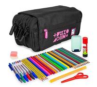 ColePack Fluor - Lote de Estuche Portatodo Triple con 3 Cremalleras y Material Escolar de Primeras Marcas Incluido (Fluor Fucsia)