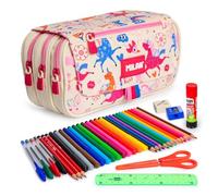 ColePack Eco - Lote de Estuche Portatodo Triple con 3 Cremalleras y Material Escolar de Primeras Marcas Incluido (Flowicorn)