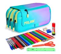 ColePack Eco - Lote de Estuche Portatodo Triple con 3 Cremalleras y Material Escolar de Primeras Marcas Incluido (Sunset Turquesa)