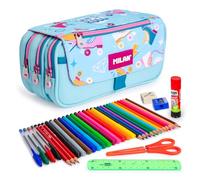 ColePack Eco - Lote de Estuche Portatodo Triple con 3 Cremalleras y Material Escolar de Primeras Marcas Incluido (Roller)