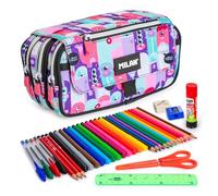 ColePack Eco - Lote de Estuche Portatodo Triple con 3 Cremalleras y Material Escolar de Primeras Marcas Incluido (Aliens)