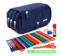 ColePack Eco - Lote de Estuche Portatodo Triple con 3 Cremalleras y Material Escolar de Primeras Marcas Incluido (Eco Azul)