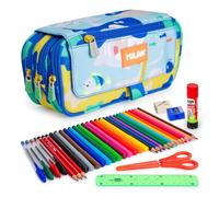 ColePack Eco - Lote de Estuche Portatodo Triple con 3 Cremalleras y Material Escolar de Primeras Marcas Incluido (BlueOdyssey)