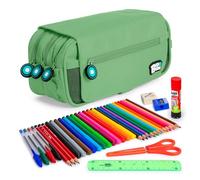 ColePack EcoBobs - Lote de Estuche Portatodo Triple con 3 Cremalleras y Material Escolar de Primeras Marcas Incluido (Menta)