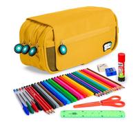ColePack EcoBobs - Lote de Estuche Portatodo Triple con 3 Cremalleras y Material Escolar de Primeras Marcas Incluido (Amarillo)