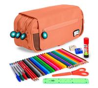 ColePack EcoBobs - Lote de Estuche Portatodo Triple con 3 Cremalleras y Material Escolar de Primeras Marcas Incluido (Coral)