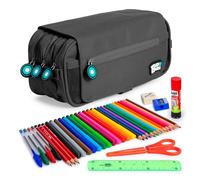ColePack EcoBobs - Lote de Estuche Portatodo Triple con 3 Cremalleras y Material Escolar de Primeras Marcas Incluido (Negro)