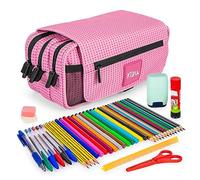 ColePack Kuru - Lote de Estuche Portatodo Triple con 3 Cremalleras y Material Escolar de Primeras Marcas Incluido (Rosa)