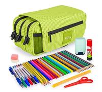 Colepack Kuru - Lote de Estuche Portatodo Triple con 3 Cremalleras y Material Escolar de Primeras Marcas Incluido (Lima)