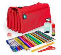 ColePack - Lote de Estuche Portatodo Cuádruple con 4 Cremalleras y Material Escolar de Primeras Marcas Incluido (Rojo)