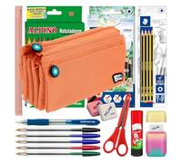 ColePack - Lote de Estuche Portatodo Cuádruple con 4 Cremalleras y Material Escolar de Primeras Marcas Incluido (Coral)