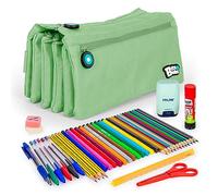 ColePack - Lote de Estuche Portatodo Cuádruple con 4 Cremalleras y Material Escolar de Primeras Marcas Incluido (Menta)