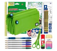 ColePack - Lote de Estuche Portatodo Cuádruple con 4 Cremalleras y Material Escolar de Primeras Marcas Incluido (Verde)