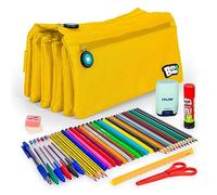 ColePack - Lote de Estuche Portatodo Cuádruple con 4 Cremalleras y Material Escolar de Primeras Marcas Incluido (Amarillo)