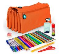 ColePack - Lote de Estuche Portatodo Cuádruple con 4 Cremalleras y Material Escolar de Primeras Marcas Incluido (Naranja)