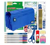 ColePack - Lote de Estuche Portatodo Cuádruple con 4 Cremalleras y Material Escolar de Primeras Marcas Incluido (Azul O.)