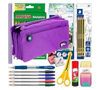 ColePack - Lote de Estuche Portatodo Cuádruple con 4 Cremalleras y Material Escolar de Primeras Marcas Incluido (Morado)