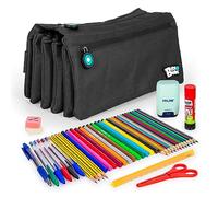 ColePack - Lote de Estuche Portatodo Cuádruple con 4 Cremalleras y Material Escolar de Primeras Marcas Incluido (Negro)