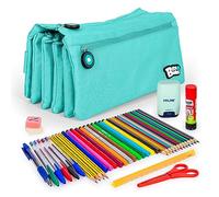ColePack - Lote de Estuche Portatodo Cuádruple con 4 Cremalleras y Material Escolar de Primeras Marcas Incluido (Azul C.)