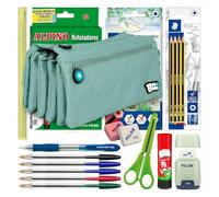 ColePack - Lote de Estuche Portatodo Cuádruple con 4 Cremalleras y Material Escolar de Primeras Marcas Incluido (Azul Soft)