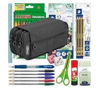 ColePack - Lote de Estuche Portatodo Triple con 3 Cremalleras y Material Escolar de Primeras Marcas Incluido (Negro)