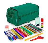 ColePack - Lote de Estuche Portatodo Triple con 3 Cremalleras y Material Escolar de Primeras Marcas Incluido (Verde)