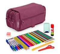 ColePack - Lote de Estuche Portatodo Triple con 3 Cremalleras y Material Escolar de Primeras Marcas Incluido (Morado)