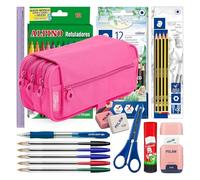ColePack - Lote de Estuche Portatodo Triple con 3 Cremalleras y Material Escolar de Primeras Marcas Incluido (Fucsia)