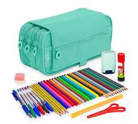 ColePack - Lote de Estuche Portatodo Triple con 3 Cremalleras y Material Escolar de Primeras Marcas Incluido (Turquesa)