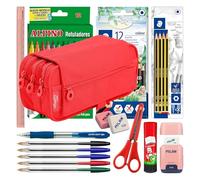 ColePack - Lote de Estuche Portatodo Triple con 3 Cremalleras y Material Escolar de Primeras Marcas Incluido (Rojo Coral)