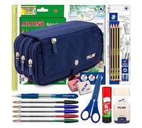 ColePack Lote de Estuche Portatodo Triple con 4 Cremalleras y Material Escolar de Primeras Marcas Incluido (ML1918)