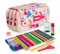 ColePack Pro - Lote de Estuche Portatodo Triple con 4 Cremalleras y Material Escolar de Primeras Marcas Incluido (Flowicorn)
