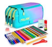 ColePack Pro - Lote de Estuche Portatodo Triple con 4 Cremalleras y Material Escolar de Primeras Marcas Incluido (Sunset Turquesa)
