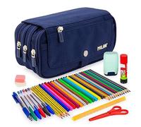 ColePack Pro - Lote de Estuche Portatodo Triple con 4 Cremalleras y Material Escolar de Primeras Marcas Incluido (Azul 1918)