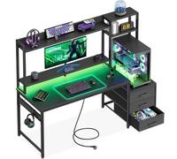 Coleshome Escritorio Gaming con Estantería, 137x48cm, Fibra Carbono Negro