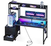 Coleshome Escritorio Gaming con Estanteria y Cajones, 120×48cm Mesa Gaming con Iluminación LED & Toma de Corriente, Escritorios para PC con Repisas de Almacenamiento, Negro Fibra de Carbono