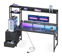 Coleshome Escritorio Gaming con Estanteria y Cajones, 161x48cm Mesa Gaming con Iluminación LED & Toma de Corriente, Escritorios para PC con Repisas de Almacenamiento, Negro Fibra de Carbono