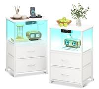 Coleshome Mesitas de Noche Pack 2, con Enchufe, 2 Puertos USB y Tira de Luces LED, Mesillas de Noche Dormitorio con 2 Cajones de Tela y 1 Espacio de Almacenamiento, 40 x 30 x 60 cm, Blanca 2 Paquete
