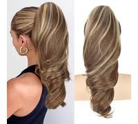 Coleta de caballo con pinza, larga ondulada, trenza rizada, coleta, extensión de pelo sintético, pinza en forma de cola de caballo para mujeres (marrón con reflejos rubios claros, 18 pulgadas)