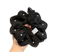 Coleteros de encaje con flores grandes y perlas for el pelo, banda elástica for el pelo con flores for mujer Para Mujeres Cabello Grueso Y Largo(Black)