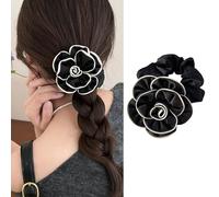 Coleteros de flores para mujer, coleteros franceses, coleteros grandes de camelia, accesorios para el cabello de San Valentín, elegante flor negra y blanca, soporte para coleta de caballo de satén,
