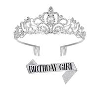 Colexy Corona de Cristal de Corona, Corona de Cumpleaños Tiara con Diamantes de Imitación Peine, Plata Corona de Banda de Cumpleaños Birthday Girl para Mujeres Niñas Fiestas de Cumpleaños