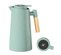 Colexy Jarra Térmica de Café 1L, Tetera Cafe al Vacío Doble Pared con Revestimiento Vidrio Termo Café Aislado con Mango de Madera, Mantiene el Frío Caliente para Cafe Té Agua (Cian)